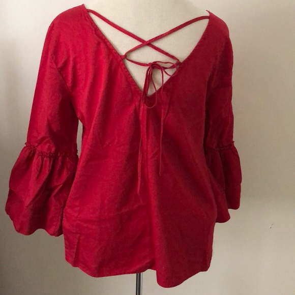Jane & Delancey top bouse Small Lace Up Back Boho Peasant top Bell sleeves Red - Picture 2 of 7